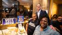 Josh Shapiro (standing) at an Election Day lunch in Philadelphia.