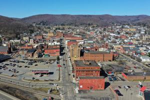 An aerial photo of downtown Bradford in McKean County, located in northern Pennsylvania.