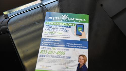 A medical marijuana specialists advertisement pamphlet promising certifications and renewals over the phone.